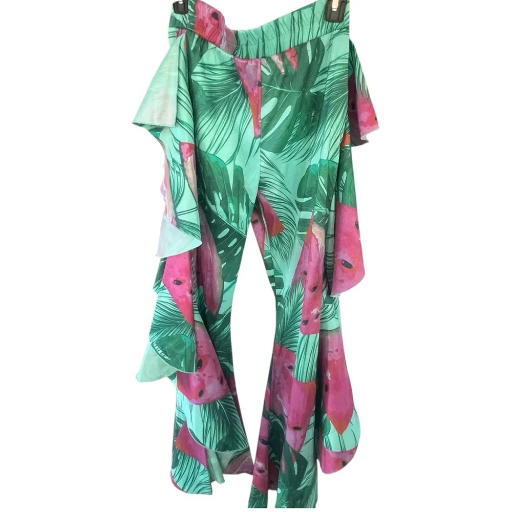 Tropical Print High Waist Flare Women's Pants, Size: Medium